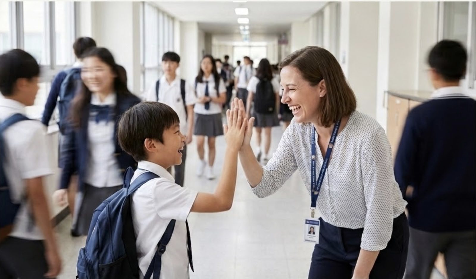 A teacher and student sharing a high-five in a school hallway